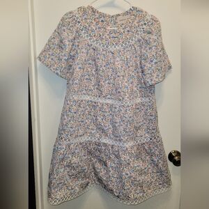 Adelyn Rae Floral Midi Dress in Pink and Blue with White Lace Trim